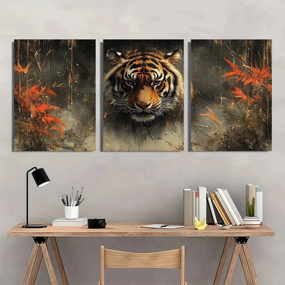 3pcs Tiger Vibrant Orange & Black Metal Print Ready to Hang Art