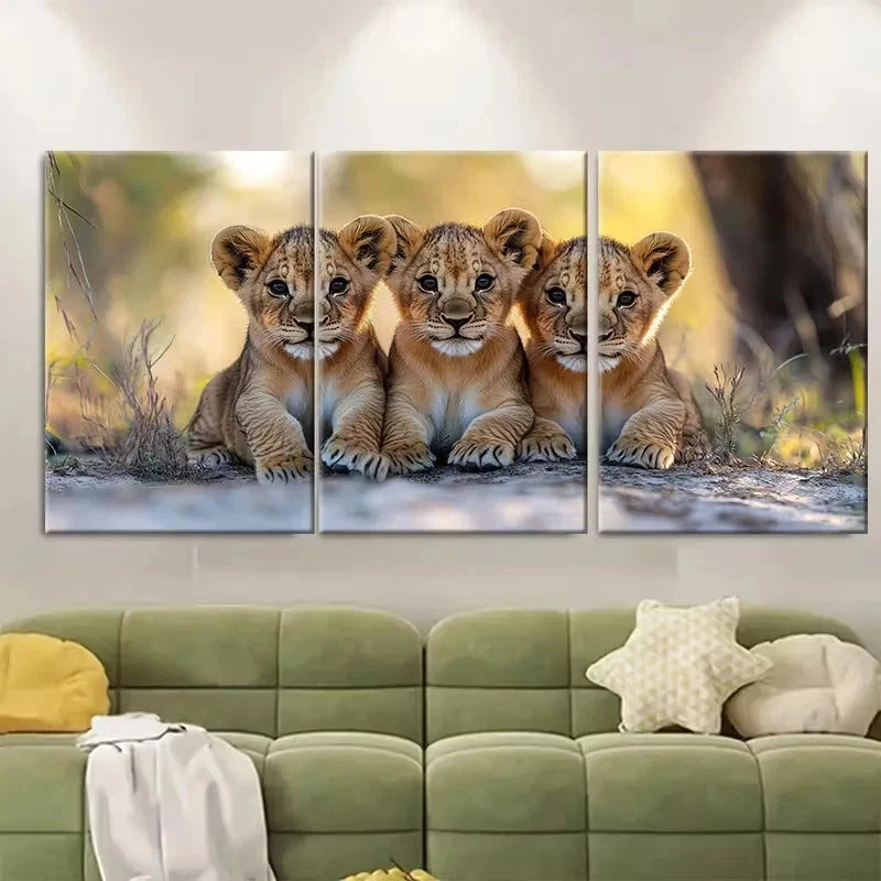 3pcs Lion Cubs Cuddling Wildlife Photography Wall Art Set Canvas Framed 40x60cm - High Quality Print 100% Australian Made Wall Canvas Ready to Hang