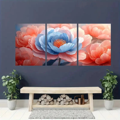 3pcs Pink and Blue Peony Petals Flower Art Metal Print Ready to Hang Art