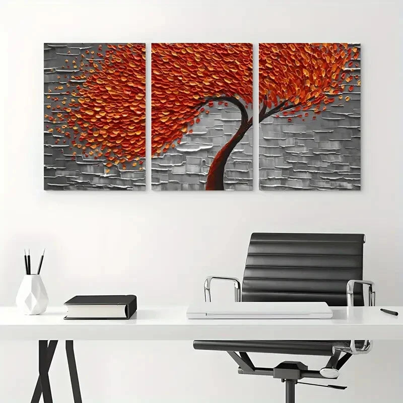 3pcs Abstract Tree Orange & Red Leaf Design Metal Print Ready to Hang Art