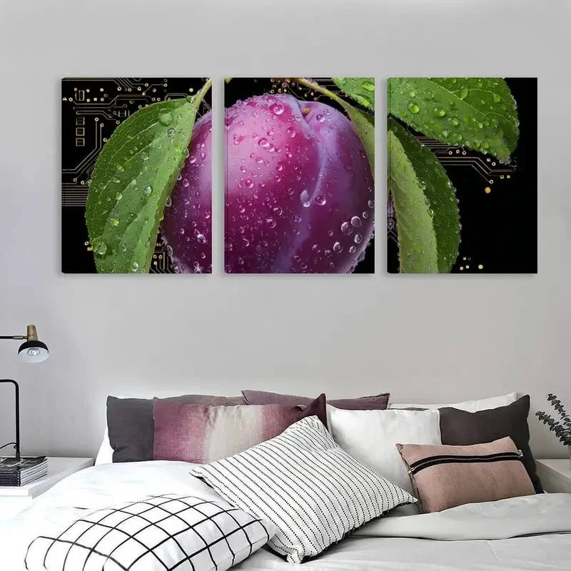 3pcs Minimalist Purple Plum & Green Leaf   Wall Art Set Canvas Framed 40x60cm - High Quality Print 100% Australian Made Wall Canvas Ready to Hang
