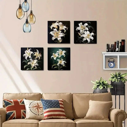 4pcs Elegant White Lilies & Golden Swirls Wall Art Canvas Framed