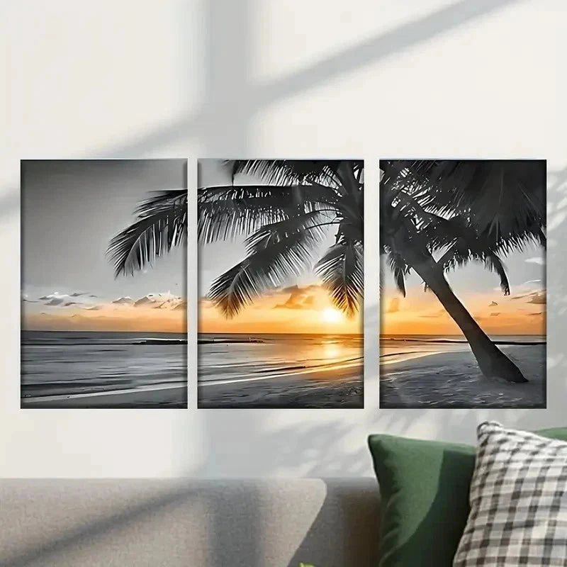 3pcs Serene Beach Sunset with Palm Tree Wall Art Set Canvas Framed 40x60cm - High Quality Print 100% Australian Made Wall Canvas Ready to Hang