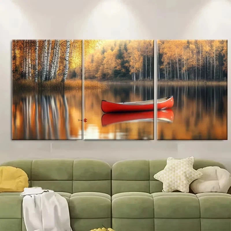 3pcs Golden Birch Leaves, Isolated Red Canoe Wall Art Set Canvas Framed 50x70cm - High Quality Print 100% Australian Made Wall Canvas Ready to Hang