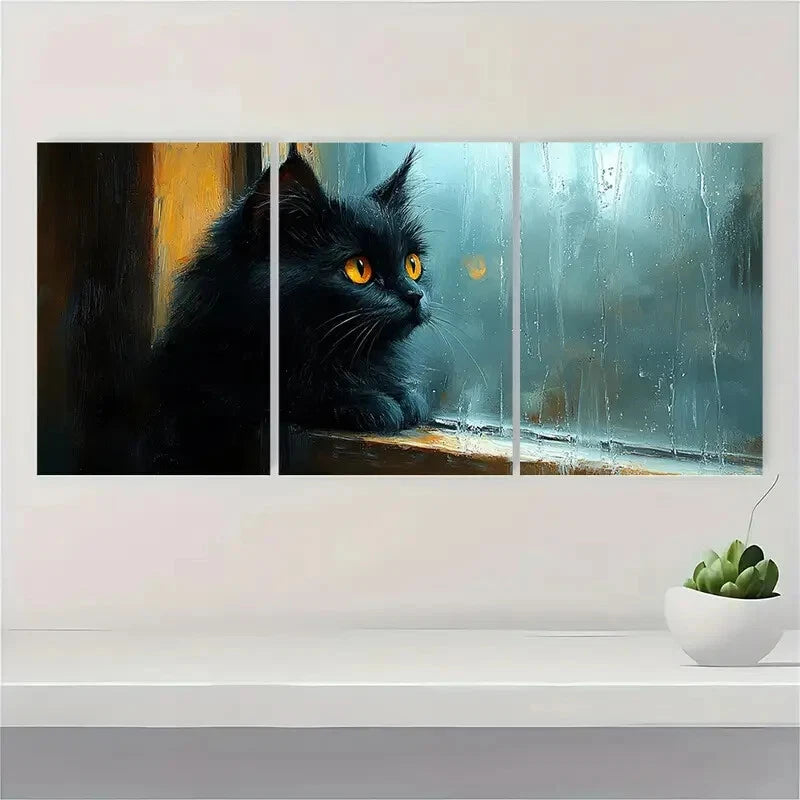 3pcs Windowsill Realistic Oil Painting Black Cat Metal Print Ready to Hang Art
