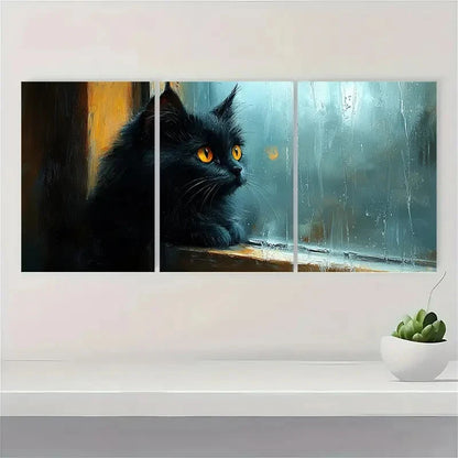 3pcs Windowsill Realistic Oil Painting Black Cat Metal Print Ready to Hang Art