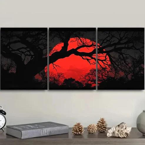 3pcs Red Sunset Silhouette Trees Wall Art Set Canvas Unframed - High Quality Print 100% Australian Made Wall Canvas