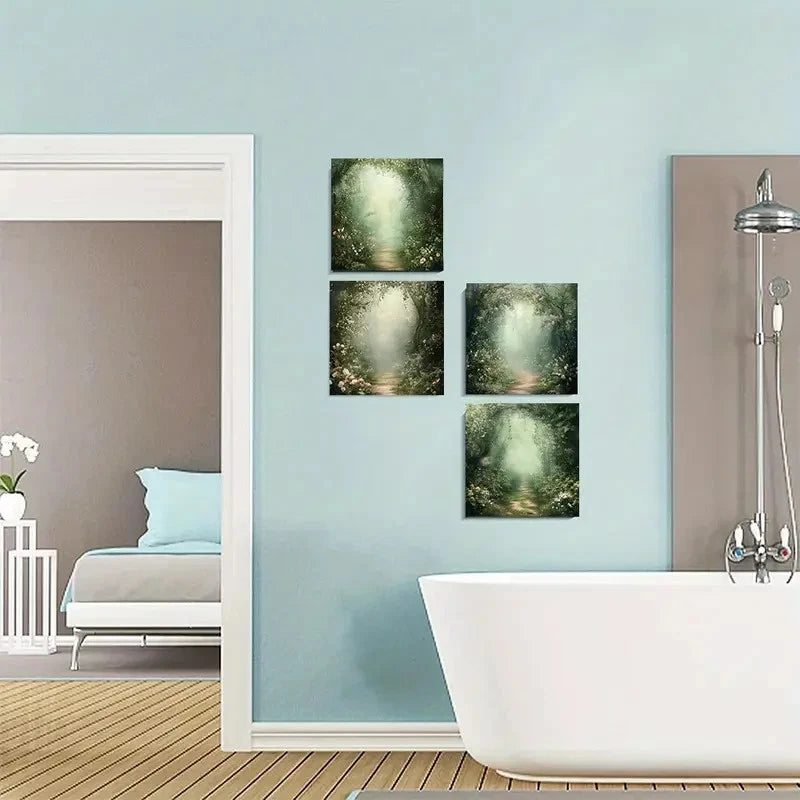 4pcs Enchanted Forest Path with Misty Sunlight Wall Art Canvas Framed
