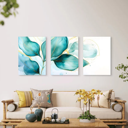 3pcs Emerald Green Leaves Outlined In Gold Wall Art Set Canvas Framed 40x60cm - High Quality Print 100% Australian Made Wall Canvas Ready to Hang