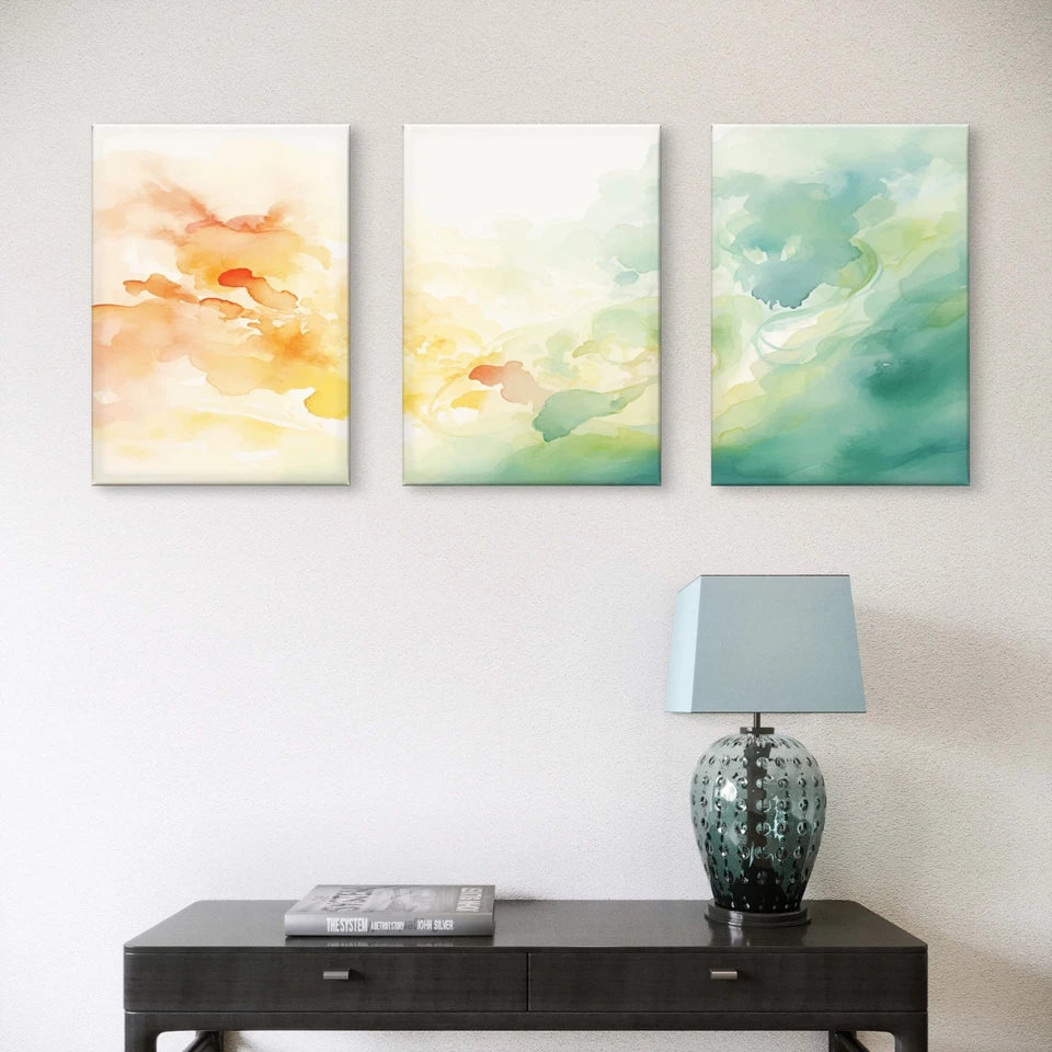 3pcs Minimalist Orange & Blue Watercolour Wall Art Set Canvas Framed 50x70cm - High Quality Print 100% Australian Made Wall Canvas Ready to Hang