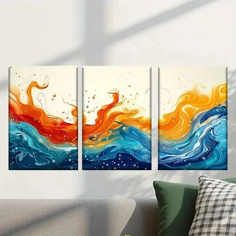 3pcs Abstract Painting with Water And Orange Wall Art Set Canvas Framed 40x60cm - High Quality Print 100% Australian Made Wall Canvas Ready to Hang