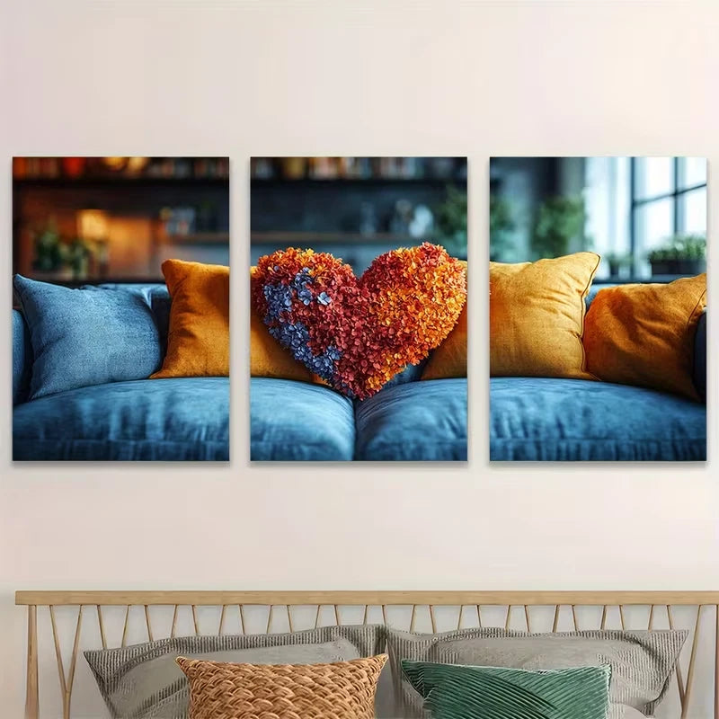 3pcs Vibrant Floral & Geometric Boho Heart Metal Print Ready to Hang Art