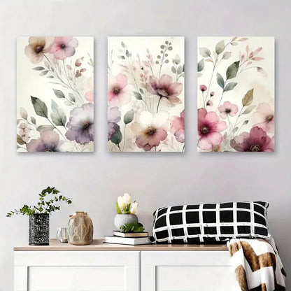3pcs Pink Watercolor Floral Modern Flower Metal Print Ready to Hang Art