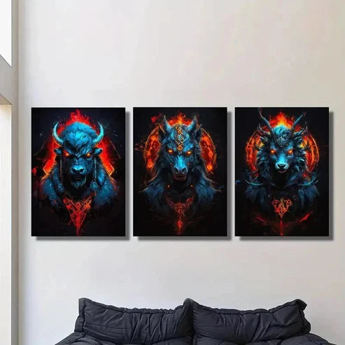 3pcs Ferocious Cattle Horse and Sheep Wall Art Canvas Unframed - High Quality Print 100% Australian Made Wall Canvas
