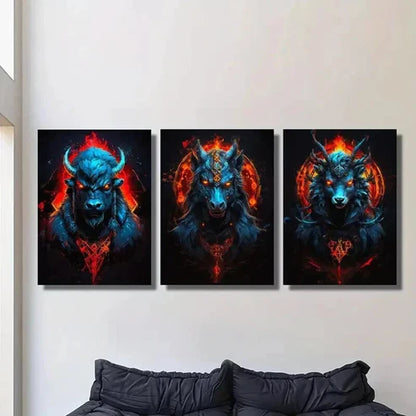 3pcs Ferocious Cattle Horse and Sheep Wall Art Canvas Unframed - High Quality Print 100% Australian Made Wall Canvas