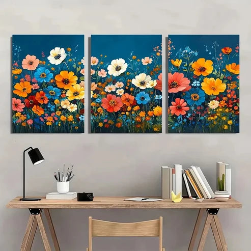 3pcs Vibrant Wildflower Giclée Gouache Wall Art Set Canvas Unframed - High Quality Print 100% Australian Made Wall Canvas
