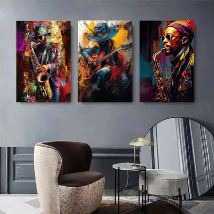 3pcs Vibrant Abstract Saxophone & Guitar Perfect Wall Art Set Canvas Framed 40x60cm - High Quality Print 100% Australian Made Wall Canvas Ready to Hang