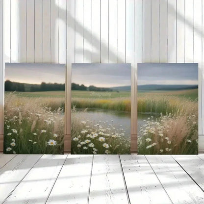 3pcs Wildflowers Meadow Pond Painting Metal Print Ready to Hang Art