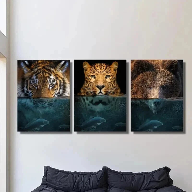 3pcs Underwater Tiger Leopard Grizzly Bear Wall Art Set Canvas Framed 40x60cm - High Quality Print 100% Australian Made Wall Canvas Ready to Hang