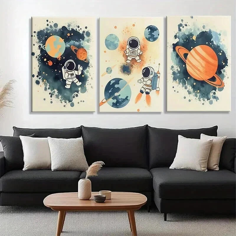 3pcs Playful Astronauts in Space Color Perfect Wall Art Set Canvas Framed 50x70cm - High Quality Print 100% Australian Made Wall Canvas Ready to Hang