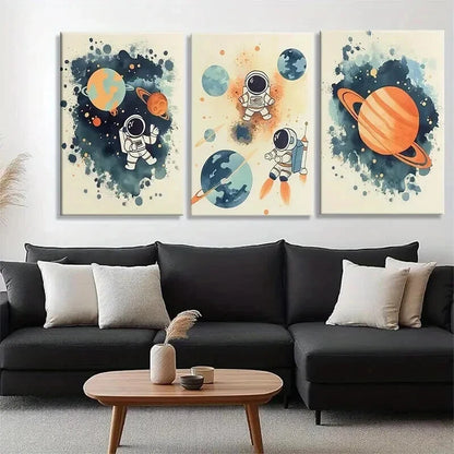 3pcs Playful Astronauts in Space Color Perfect Wall Art Set Canvas Framed 50x70cm - High Quality Print 100% Australian Made Wall Canvas Ready to Hang