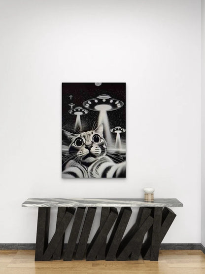 Whimsical Cat & UFO Metal Print Ready to Hang