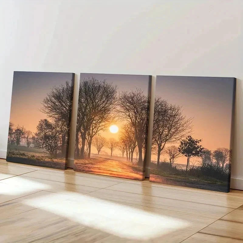 3pcs Sunset Through Trees Painting Wall Art Set Canvas Framed 40x60cm - High Quality Print 100% Australian Made Wall Canvas Ready to Hang
