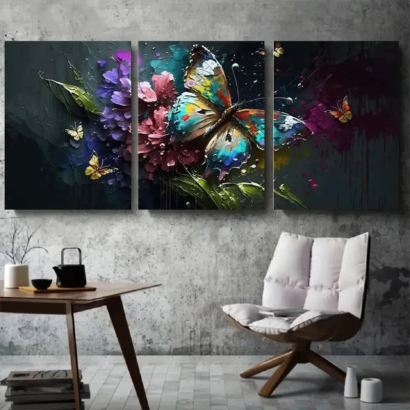 3pcs Vibrant Colorful Butterfly and Flower Metal Print Ready to Hang Art