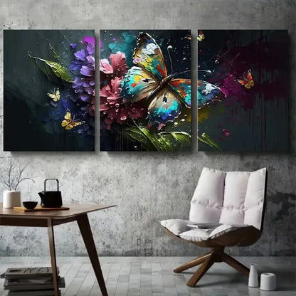 3pcs Vibrant Colorful Butterfly and Flower Metal Print Ready to Hang Art