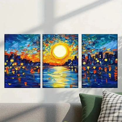3pcs Painting of a City at Sunset Wall Art Set Canvas Framed 40x60cm - High Quality Print 100% Australian Made Wall Canvas Ready to Hang