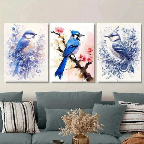 3pcs Bluebird Paintings Watercolor Bird Wall Art Set Canvas Unframed - High Quality Print 100% Australian Made Wall Canvas