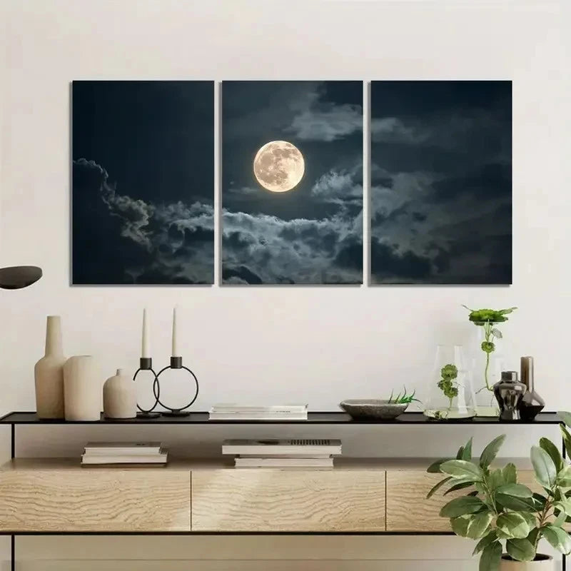 3pcs Full Moon with Clouds Drifting Painting Metal Print Ready to Hang Art