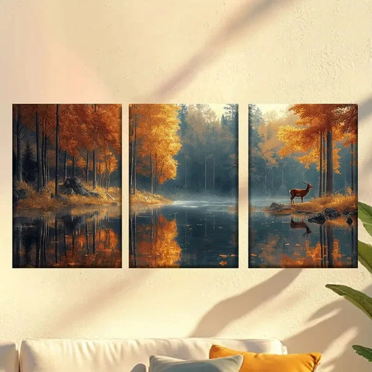 3pcs Autumn Forest Lake Deer Wall Art Set Canvas Framed 60x90cm - High Quality Print 100% Australian Made Wall Canvas Ready to Hang