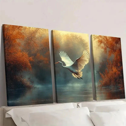 3pcs White Crane Flying Misty Forest Painting Wall Art Set Canvas Framed 40x60cm - High Quality Print 100% Australian Made Wall Canvas Ready to Hang