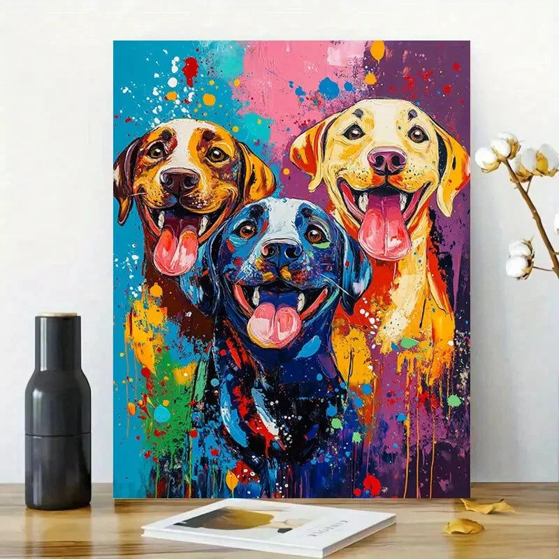 Three Happy Dogs, An Abstract Painting Vivid 40x60cm Metal Print Ready to Hang