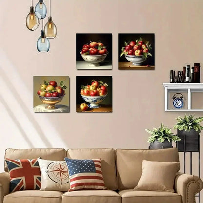 4pcs Apples, Blue & White Porcelain Bowls  Wall Art Canvas Framed