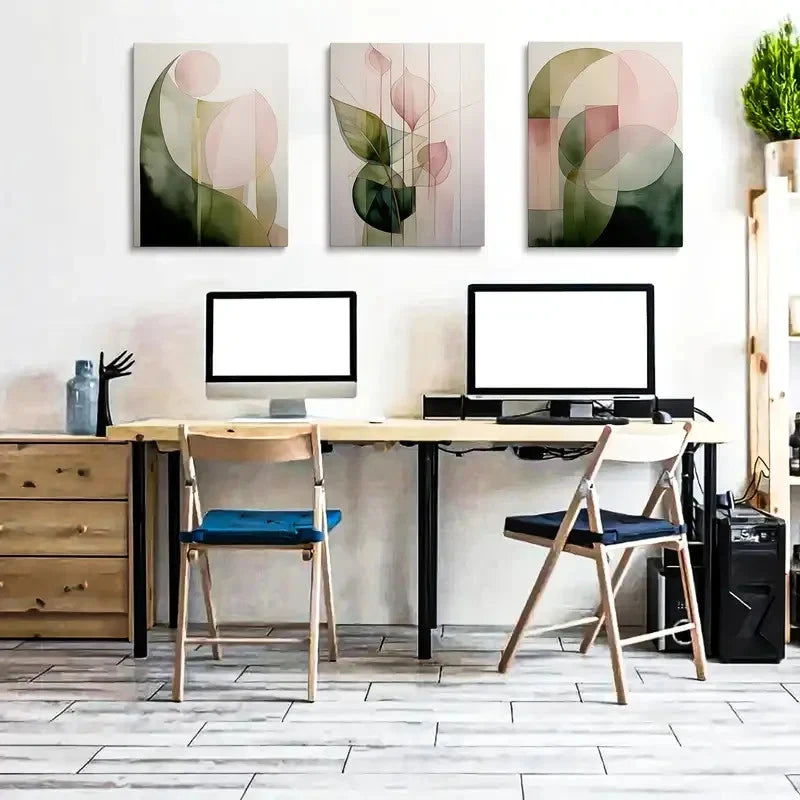 3pcs Abstract Green and Pink Plant Metal Print Ready to Hang Art