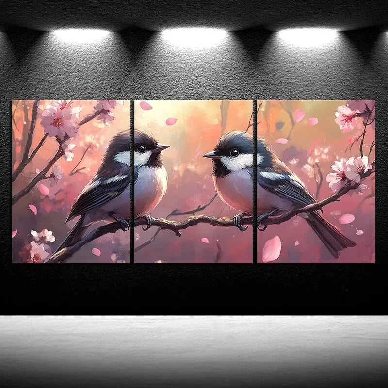 3pcs Birds On Branches Amidst Flowers Metal Print Ready to Hang Art