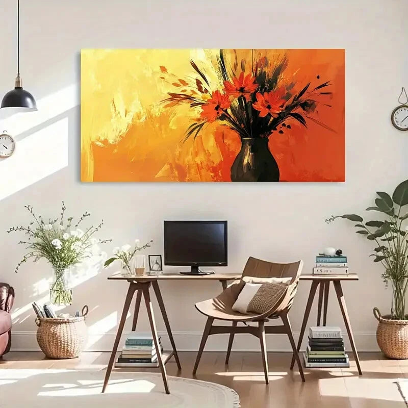 Vase Flowers Transverse Floral Wall Art Canvas Office Home Room Framed 120x60cm