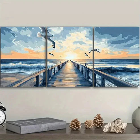 3pcs Seagulls Harbor Sunset Wall Art Set Canvas Unframed - High Quality Print 100% Australian Made Wall Canvas