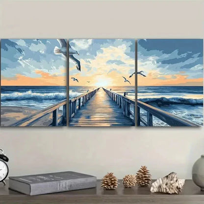 3pcs Seagulls Harbor Sunset Wall Art Set Canvas Unframed - High Quality Print 100% Australian Made Wall Canvas