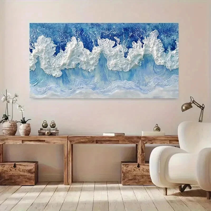 Blue & White Ocean Waves wall canvas office home room framed 120x60cm - Bella Home Decor