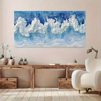 Blue & White Ocean Waves wall canvas office home room framed 120x60cm - Bella Home Decor