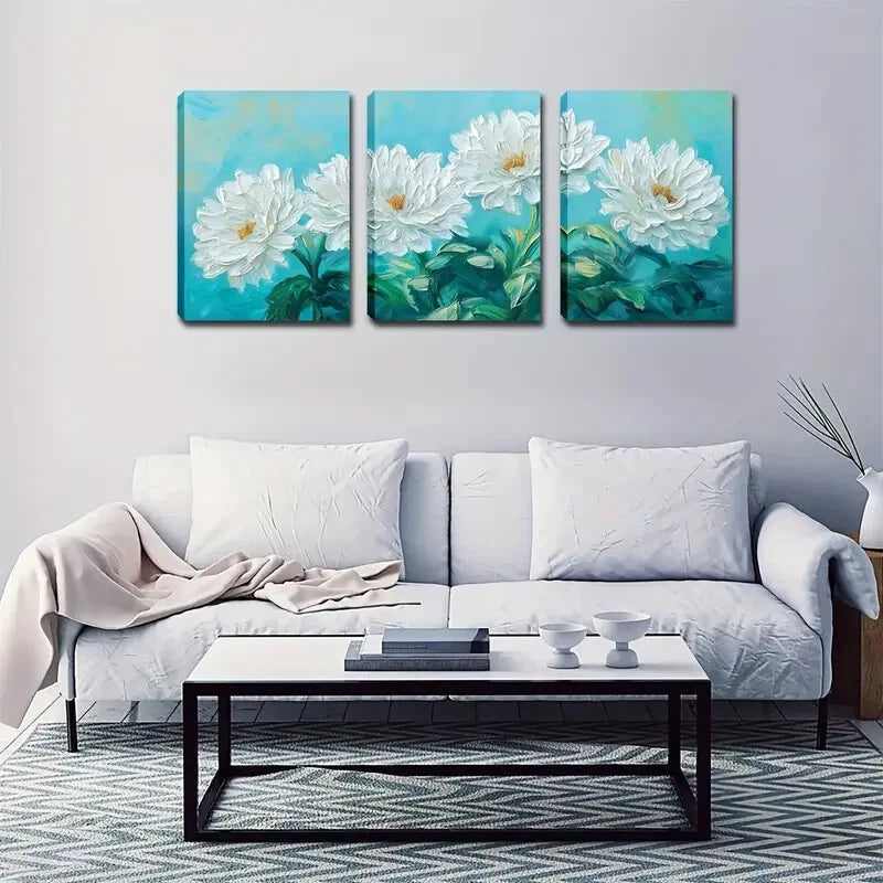 3pcs White Flowers Blooming Blue-Green Perfect Wall Art Set Canvas Framed 40x60cm - High Quality Print 100% Australian Made Wall Canvas Ready to Hang