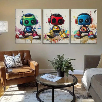 3pcs Playful Robot Figures Cheerful Car Perfect Wall Art Set Canvas Framed 40x60cm - High Quality Print 100% Australian Made Wall Canvas Ready to Hang