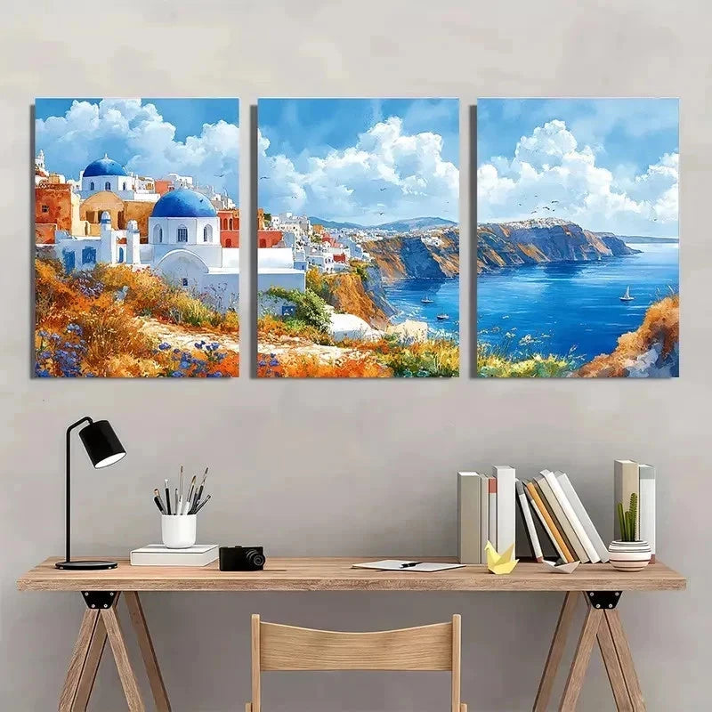 3pcs Blue Roofs Of Santorini Watercolor Perfect Wall Art Set Canvas Framed 40x60cm - High Quality Print 100% Australian Made Wall Canvas Ready to Hang
