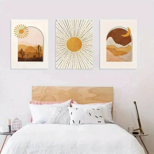 3pcs Western Desert Sun Moon Modern Perfect Wall Art Set Canvas Framed 40x60cm - High Quality Print 100% Australian Made Wall Canvas Ready to Hang