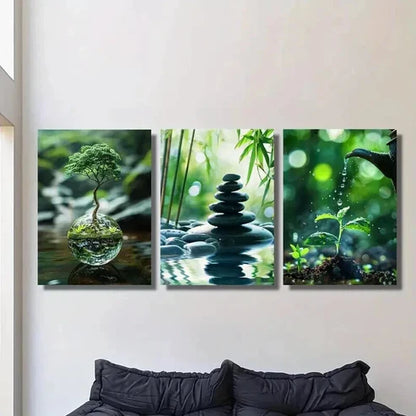 3pcs Tree Stacked Stones & Sapling Watering Wall Art Set Canvas Unframed - High Quality Print 100% Australian Made Wall Canvas