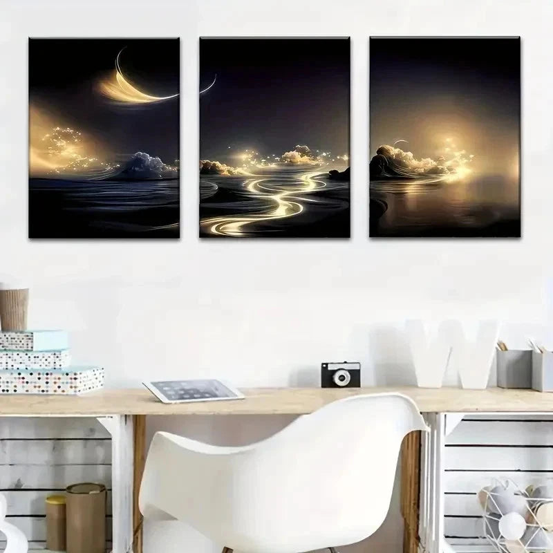3pcs Golden Rivers & Starry Skies Perfect Wall Art Set Canvas Framed 40x60cm - High Quality Print 100% Australian Made Wall Canvas Ready to Hang
