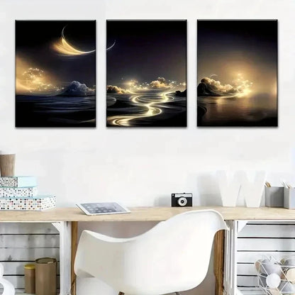 3pcs Golden Rivers & Starry Skies Perfect Wall Art Set Canvas Framed 40x60cm - High Quality Print 100% Australian Made Wall Canvas Ready to Hang